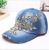 Damen Baseball Cap Verstellbar Baseballmütze Frau Mädchen Basecap mit Diamant Kappe Denim Baseball Sports Sonnenhut Jeans Mütze Sonnenschutz Schirmmütze Fashion Baseballkappe für Outdoor Sport R