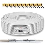 50m 135dB Sat Koaxialkabel Koax Kabel Reines Kupfer Digital PremiumX Profi FullHD UltraHD 4K 4-Fach geschirmt für DVB-S / S2 DVB-C DVB-T und BK Anlagen + 10 F-Stecker mit Gummiring (0,40€/M)