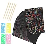 LANMOK Kratzbilder für Kinder, 50 Blätter DIY Bunte Scratch Paper Kratzbilderbastelsets Regenbogen Kratzpapier zum Zeichnen und Basteln mit Schablonen H
