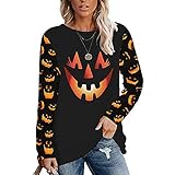 MOKBAY Halloween Damen Rundhals Pullover T-Shirt bedrucktes Langarm Oberteil beiläufiges Damen Mädchen Sprechender Kürbis Halloween Kleid Schwarz Kostüm Halloween Kostüm M