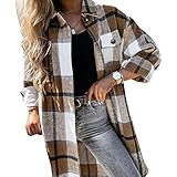 Carolilly Damen Button-Down Shirt Plüsch Kapuzenmantel Lose Langarm Revers Oberbekleidung Jacke Top Oversized Windbreaker Bluse Sweatshirt Unregelmäßige T-Shirt mit Pattentaschen Streetwear, khaki, 38
