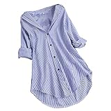 LOPILY Gestreifte Bluse Damen Verstellbare Ärmel Shirts aus Baumwolle V-Ausschnitt Oberteile Freizeit Tunika für Mollige Arbeitsbluse 46 Lässige Lose Tshirts Long Shirts Damen Herbst (Himmelblau, 38)