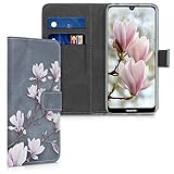 kwmobile Wallet Case kompatibel mit Huawei Y6 (2019) - Hülle mit Ständer Kartenfächer Magnolien Taupe Weiß Blaug