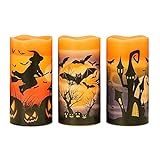Wahuan 3 Stück Halloween Flammenlos flackernde LED-Kerzen, Halloween Dekoration, flammenlosen Flackern LED Kerzen mit 6-Stunden-Timer, aus orangefarbenem Echtwachs mit LED-Gelb-Flimmern (Orange)