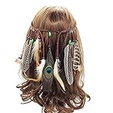 Jurxy Böhmische Pfau Feder Kopfschmuck Stirnband Damen Hippie Boho Indianer Stirnbänder Zigeuner Headwear Weben Frau Mädchen Lieblings Haarschmuck – Braun- Stil 3