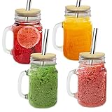 COLOROUND 4 Stück Einmachglasbecher mit Griff, 473 ml, mit Bambus-Deckel und Edelstahl-Strohhalmen, Retro-Trinkglas, wiederverwendbar, Smoothie-Saftbecher mit Deckel für Säfte, Shakes (Set von 4)