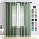 MRTREES Voile Gardinen Vorhang halbtransparent kurz mit Ösen in Leinenoptik Stores Gardinen Schals für Wohnzimmer Schlafzimmer Kinderzimmer Armeegrün 225×140cm (H×B) 2er S
