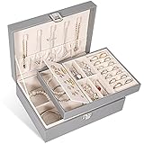 Voova Schmuckkästchen für Damen Mädchen, Zwei Schicht PU-Leder Schmuckaufbewahrung Reise, Jewelry Box Schmuckbox Schmuckschatulle Groß Schmuck Organizer für Halskette Ohrringe Armbänder Ringe G
