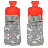 2er-Set Handwärmer mit Strick-Überzug | Design: Sterne mit Glitzerfäden | Latentwärmespeicher Taschenwärmer Taschenofen | ca. 7 x 12,5