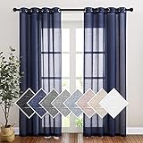 PONY DANCE Wohnzimmer Gardinen Halbtransparent - Dunkelblauer Vorhang Leinenoptik Gardinen Landhausstil für Schlafzimmer & Balkontür Gardinenschals, 2er Set H 220 x B 140