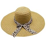 Qinfan Damen Stroh Sonnenhut mit Leopardenmuster Faltbarer Strohhut mit breiter Krempe Sommer Strand UV-Schutzkapp