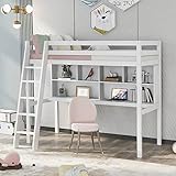 90 x 190 cm, Massivholz, Einzelbett, Kinderbett mit Regalen und Schreibtisch für Kinder/Jugendliche/Erwachsene (Weiß, 90 x 190 cm)