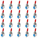20x Miniatur Kippschalter | 1-polig | 3 Kontakte | EIN-EIN | 6A 125V / 3A 250V | Metallhebel mit roter Plastikkappe | Rastend | Umschalter mit Lötösen | 20 Stück