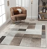 the carpet Monde Moderner Designer Wohnzimmer Teppich, Weicher Kurzflor, Hoch Tief Effekt, Konturenschnitt, Blickfang, Kariertes Muster, Grau-Braun, 80 x 150