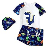 G-Kids Kleinkinder Jungen Bademode Badeanzug Schwimmbekleidung Uv-Schutz Dinosaurier Bade-Set Kurz Tops+Badehose mit Hut (Weiß, 2-3 Jahre)