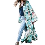 Hirolan Damen Böhmen Blumen Quaste Lange Kimono Überdimensioniert Schal Tops Grün Anti-UV Behalten warm Mit Gürtel (XXL, Grün)