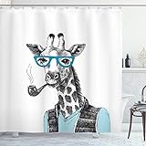 ABAKUHAUS Hipster Duschvorhang, Mensch Verkleidete Giraffe Brillen Zigarre Karikatur, Wasser Blickdicht inkl.12 Ringe Langhaltig Bakterie und Schimmel Resistent, 175 x 200 cm, Babyblau Dunk