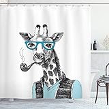 ABAKUHAUS Hipster Duschvorhang, Mensch Verkleidete Giraffe Brillen Zigarre Karikatur, Wasser Blickdicht inkl.12 Ringe Langhaltig Bakterie und Schimmel Resistent, 175 x 200 cm, Babyblau Dunk