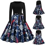Weihnachten Kleid Damen Vintage Weihnachtskleid Langarm O-Ausschnitt Weihnachts Druck Elegant Kleid Partykleid Christmas Kostüm 50er Jahre Swing Kleid Partykleid Cocktaiikleid Abendk