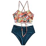 ZAFUL Sonnenblumen-Bikini-Set, gepolstert, zum Schnüren, gerüscht, Tankini mit hoher Taille, blau - peacock blue, Larg