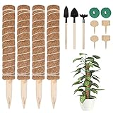 4 Stück 40cm Moosstab Pflanzstab Kokos, FINEW Rankhilfe Kokosstab mit 4 Pflanzschilder und Werkzeugen, Rankstab Monstera für Garten Kletterpflanzen Zimmerp