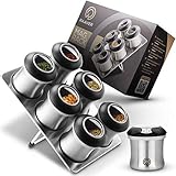RAAVER® MagRack, Gewürzstreuer, Gewürzdosen-Set magnetisch - inklusive Gewürzetiketten - Lebensmittelgerechte Dosen aus 304 Edelstahl, Streuaufsatz BPA-frei - 6 Gewürzstreuer und 1 Lagerp
