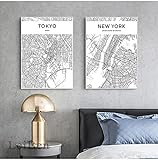 Leinwand Poster Stadtplan New York Tokyo Wandkunst Schwarz-Weiß-Drucke Nordische GemäLde Bild FüR Wohnzimmer Wohnkultur 80x110cmx2 (32x44 'X2) R
