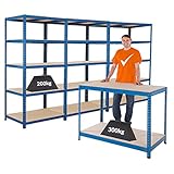 Certeo Mega Deal | Set aus 1x Werkbank (Tiefe 60 cm) und 3x Schwerlastregal (Tiefe 60 cm) | Metallregal Kellerregal Lagerregal Werkstattregal Garagenregal | Belastbar mit 1000 kg