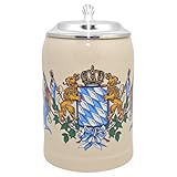 Bavariashop Steinkrug Bayern Incl. Zinndeckel, 0,5 Liter, Grau, Wappen Freistaates Bayern, Löwe, Krone, Maßkrug, Bierkrug