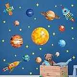 decalmile Wandtattoo Weltraum Planeten Raketen Wandaufkleber Sonnensystem Sterne Wandsticker Babyzimmer Kinderzimmer Schlafzimmer Wanddek