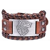 VASSAGO Vintage Nordic Fenrir Viking Wolf Kopf skandinavischen Talisman Metall braun Leder Handgelenk Armband für Männer (braunes Leder, antikes Silber)