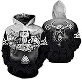 XBOMEN Herren Viking Odin Tattoo Hoodie Nordische Mythologie Thors Hammer Graues Horn 3D-Druck Übergroßes Sweatshirt Casual Street Cosplay Pullover (Color : Hoodie, Size : XL)