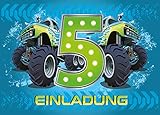 12 Einladungskarten 5. Geburtstag Kinder Junge Monstertruck blau / Monster-Truck / Auto / Einladungen fünfte Kindergeburtstag für Jung