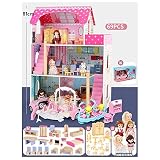 OUPAI Häuser für Modepuppen Holzpuppenhaus, 3-Geschichte Puppenhaus und Möbel Kit mit Möbel und Puppen, Pretend Play House, for Kleinkinder 2-10 Jährige (Size : 69pcs)