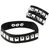 com-four® 2-teiliges Set Armband und Halsband mit Pyramidennieten in Lederoptik, Rocker, Biker, Punk, Steampunk aus Kunstleder für Partygänger, Halloween & Fasching (02 Stück - Armband/Halsband V1)