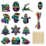 MELLIEX 48 Stück kratzbilder für Kinder, Weihnachten Kratzpapier Regenbogen Scratch Art mit 48 Bändern und 20 Holzstiften für Kinder Basteln, Weihnachtsan Geschenkan, Weihnachtsbaumschmuck