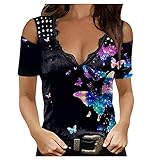 Schulterfrei Tshirt Damen, Sommer Bunt Bedruckt Tops für Damen Elegant Rosendruck Oberteile Frauen Cold Shoulder Basic T-Shirt Tee Mädchen Bluse Shirt Sexy Kurzarm V-Ausschnitt Locker Lässig Tunik