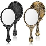 2 Stücke Vintage Handspiegel Tragbarer Geprägter Blumen Spiegel Hand Dekorative Spiegel Kompakter Spiegel mit Griff für Gesichts Make up Reisen Persönlicher Salon Spiegel (Schwarz, Bronze)