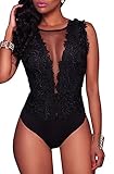 Sexy ärmelloser Body für Damen, Spitze, tiefer V-Ausschnitt, Jumpsuit-Outfit, für Clubs Gr. Medium, Schw