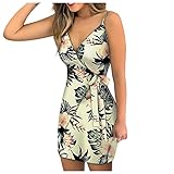 Sommerkleider Damen V Ausschnitt Träger Ärmellos Sexy Rückenfrei Gürtel Taille Bodycon Minikleid, weiß, X-Larg