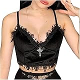 Yoofeiduoduo Summer Sling Goth Y2K Damen Crop Top Weste Damen Corsage Mode Spitze E-Girls Tank Top Punk Gothic Spaghetti Trägerlose Blusen Spitze V-Ausschnitt Rückenfreies Sexy Crop Top O