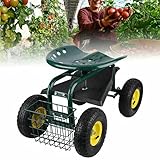 Gartensitz 150kg Fahrbarer Gartenwagen Sitzwagen Rollwerk Arbeitssitz Höhenverstellbarer Sitz Rollhocker Werkstattwagen Gartenhelfer Garten Hocker mit Rollen + Korb