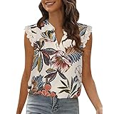 YURUNFEN Damen Chiffon Shirts für Sommer Elegant V Ausschnitt Ärmellos Bluse Floral Gedruckt Spitze Tank Tops, khaki, Larg