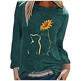 Lazzboy Store T-Shirt Katze Sonnenblume Damen Frauen Herbst Tops Lose Weiche Langarm Bluse Sweatshirt Langarmshirt Pulli Basic Rundhals-Ausschnitt Sport Pullover (Grün,L)