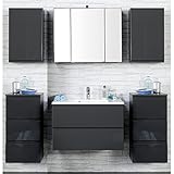 Badezimmer Set COMO-03, 4-teilig Hochglanz grau, 80cm Waschtisch Badmöbel, Waschtisch, Badezimmermöbel, LED Spiegelschrank, Waschplatz, Badezimmerschränk