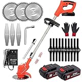 Akku-Rasentrimmer mit Klingen Akku und Ladegerät 21V Li-Ion x2, Elektrischer Rasenkantentrimmer Garten mit 3 Typen Ersatzklingen, verstellbare Teleskopstange, 90° Kopfdrehgelenke,