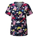 WENZHOU Ostern Berufsbekleidung Damen Pflege Bunt mit Motiv Kurzarm V-Ausschnitt Taschen Schlupfhemd Schlupfkasack Krankenhauskleidung Uniformen Geschenk für Frauen Arzt U
