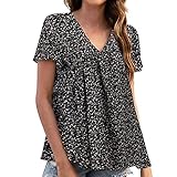 Eaylis Freizeitshirt Damen Kurzarm,Leinenoberteil Plus Size T-Shirts V-Ausschnitt Spitze Blumen Drucken Tops Elegante t-Shirts Tuniken Mode Mädchen und Frau T-Shirts für Beach Urlaub oder den Alltag