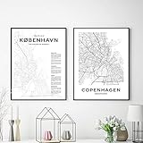 Kopenhagen Stadtplan Poster Moderne Leinwand Malerei Nordische Drucke Wandkunst Bilder Dänisches Wohnzimmer Dekoration15,7 'x 23,6' (40x60cm) x2 Kein R