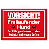 Komma Security Vorsicht freilaufender Hund - Hunde Kunststoff Schild Hinweisschild Gartentor Gartenzaun - Türschild Haustüre Warnschild Abschreckung Einbruchschutz - Achtung H